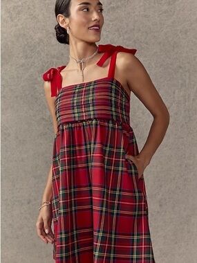 Francesca's Collections Red Plaid Tie-Shoulder Mini Dress NWT size S